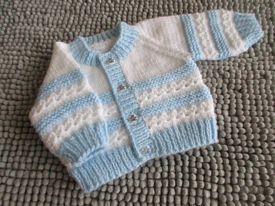 14" White & Blue Newborn Boys Round Neck Cardigan 