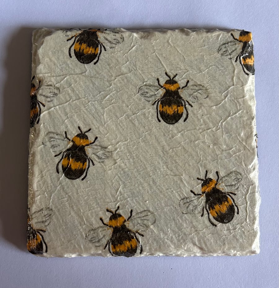 Set of 4 Handmade Decoupage Slate Coasters - Square Bees