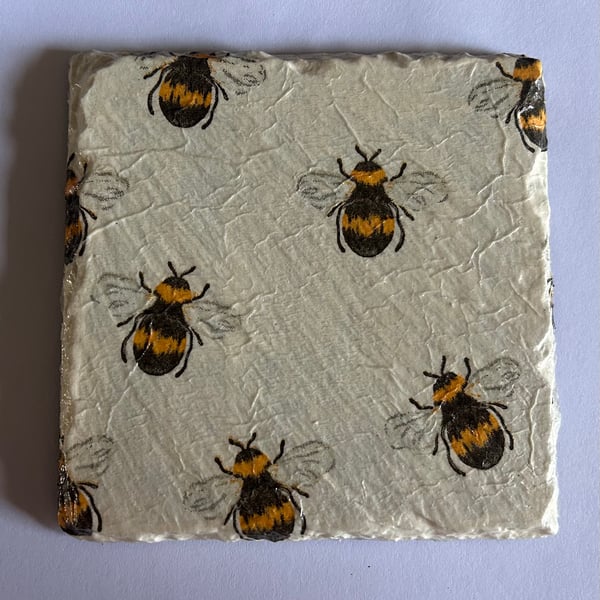 Set of 4 Handmade Decoupage Slate Coasters - Square Bees