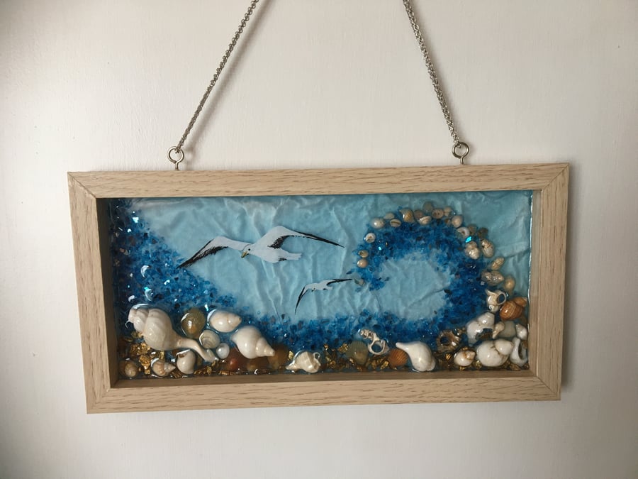 Original, resin art , Window , wall hanging, Sea wave and seagulls