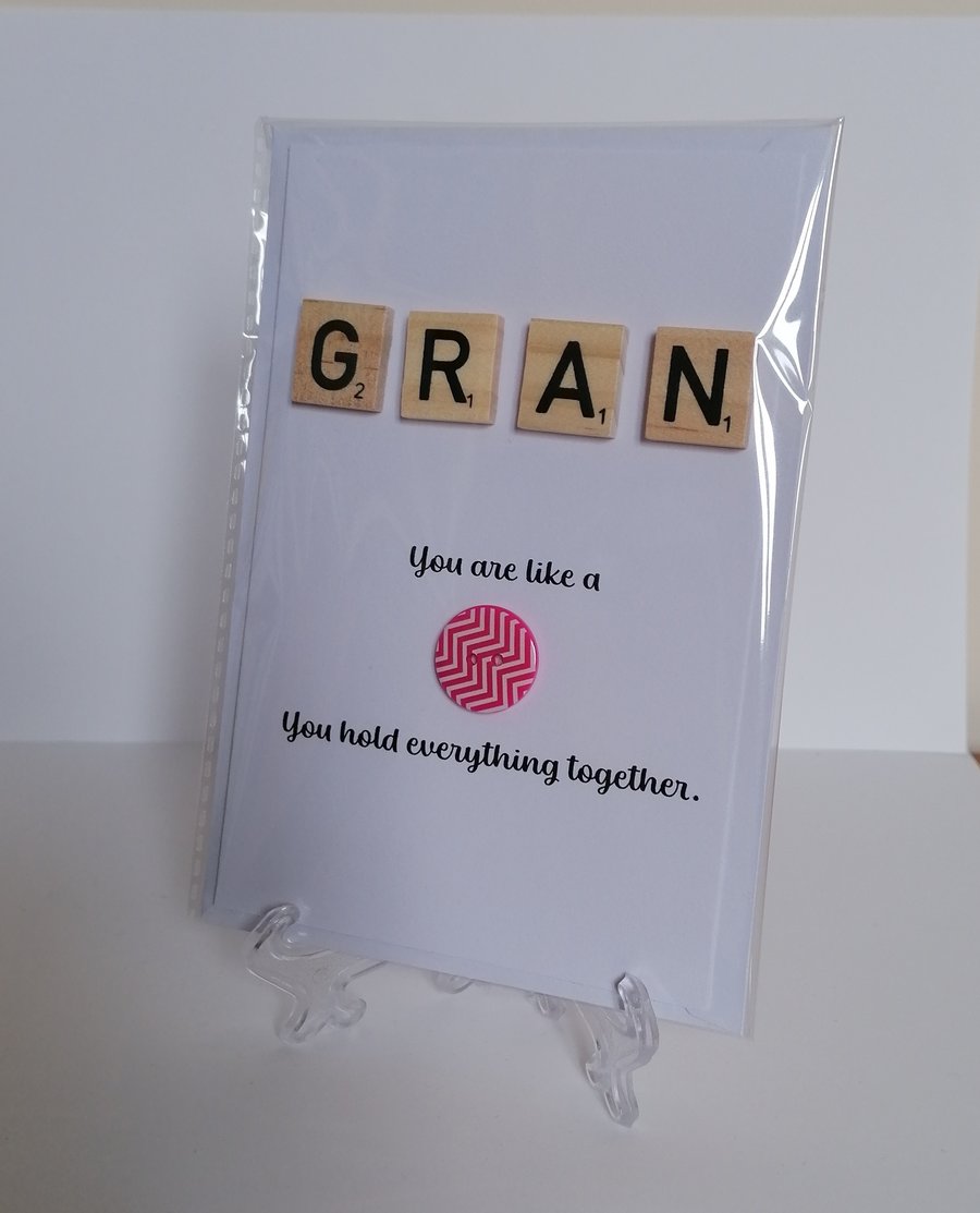 Gran You're like a button Scrabble greetings card