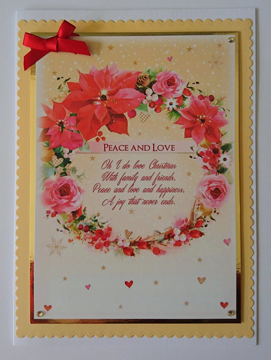 Handmade Christmas Card Christmas Wreath with Peace and Love Poem