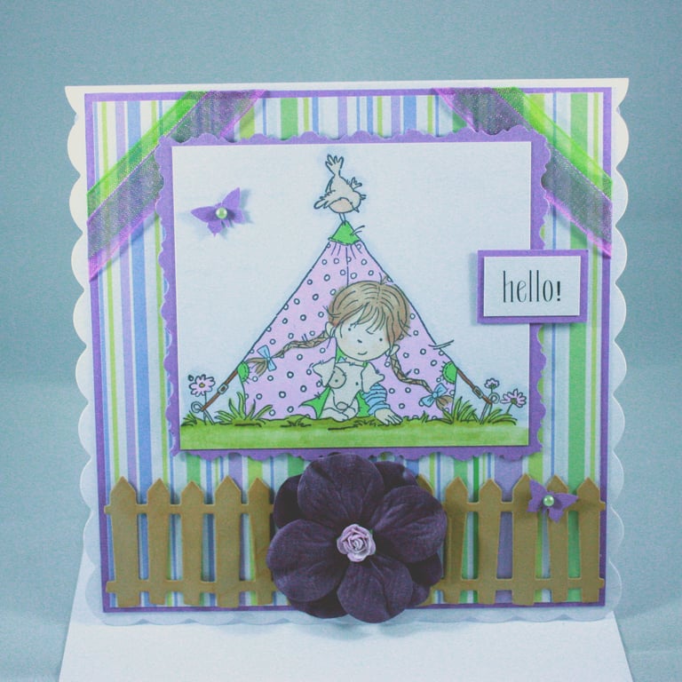 Any occasion greetings card - little girl and dog camping