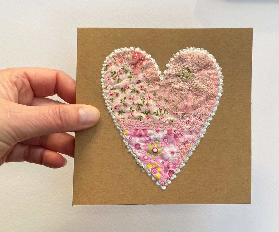 Up-cycled embroidered pink heart card. 