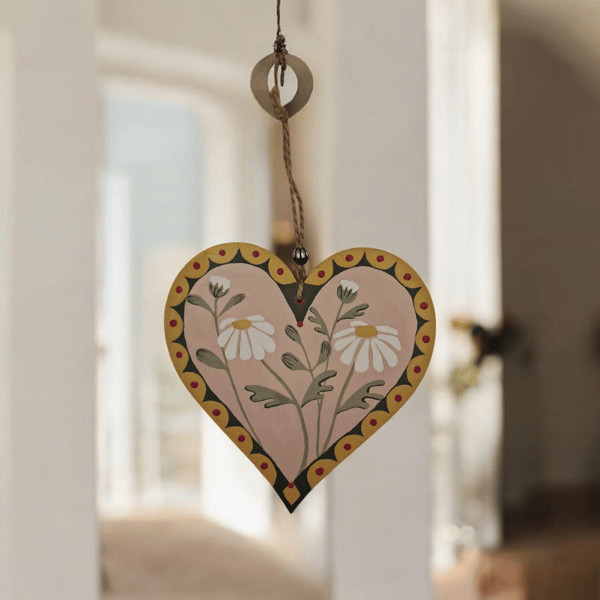 Hand Painted Floral Wooden Hanging Heart