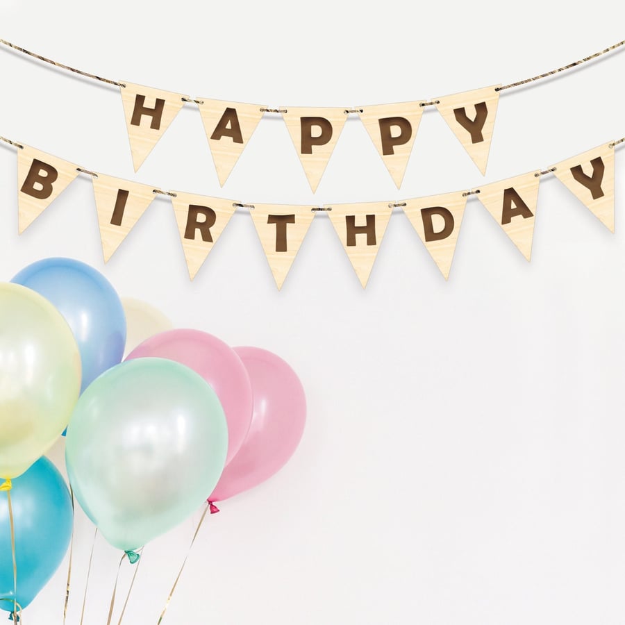 Reusable Happy Birthday Bunting - High Quality Engraved Wooden Hanging Sign Flag