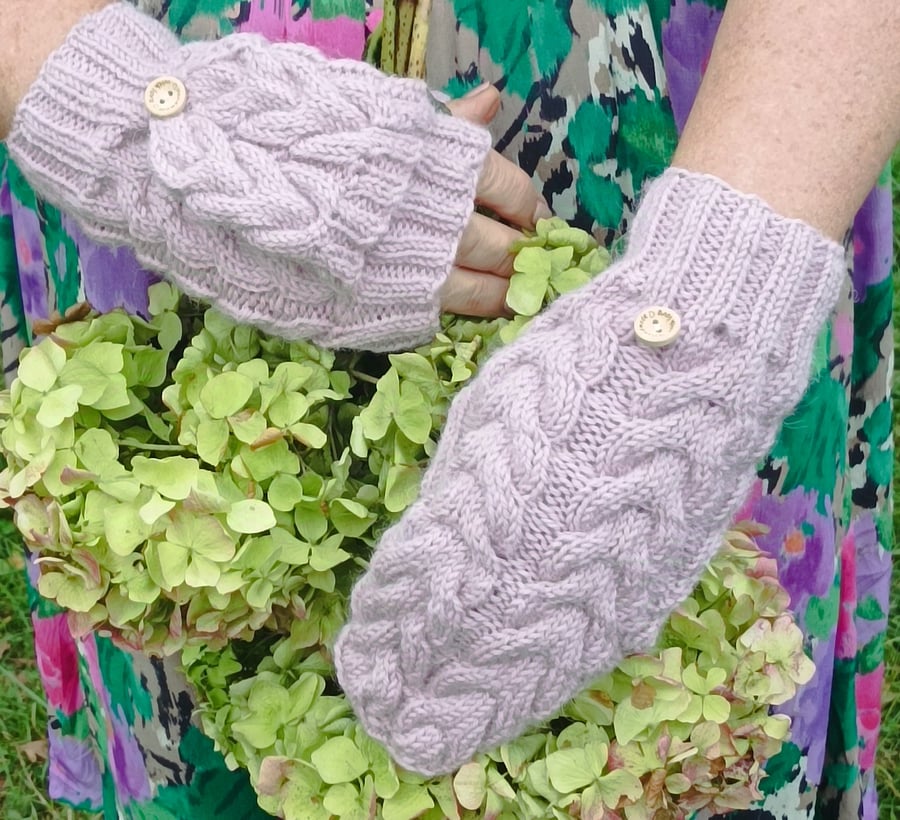 Hand knitted alpaca fingerless gloves with flaps in rose pink 