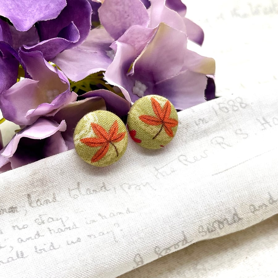 Burnt orange autumn leaf green fabric button stud earrings 