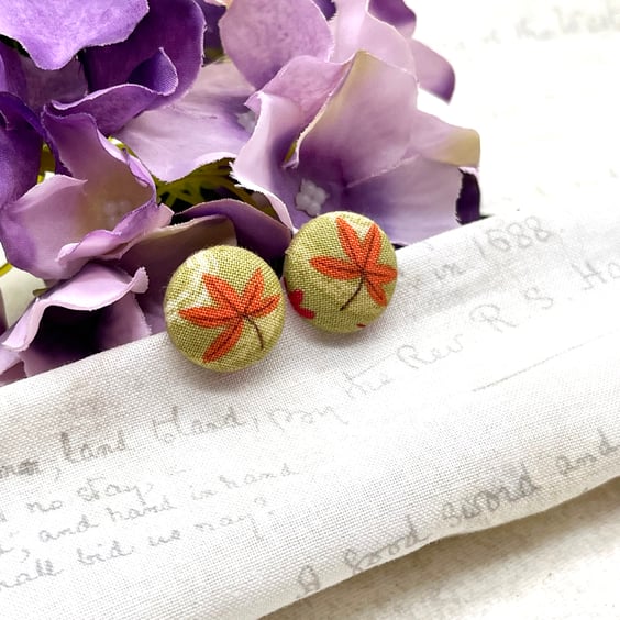 Burnt orange autumn leaf green fabric button stud earrings 