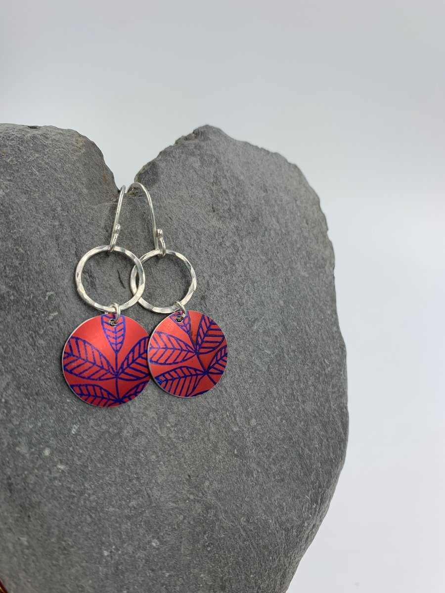 Red leaf printed dangly earrings with recycled silver ring 