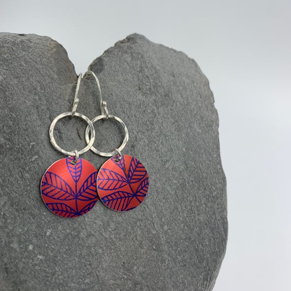 Red leaf printed dangly earrings with recycled silver ring 