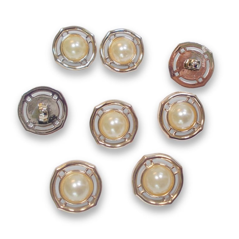 Gold faux metal and pearl fancy shank buttons 18mm approximately. Pack of 8