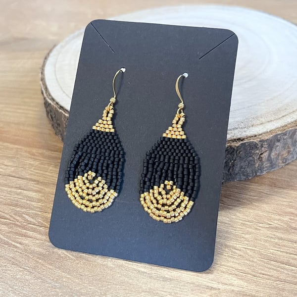 Black and gold beadwork teardrop earrings