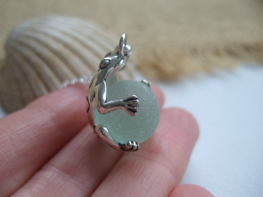 Sea glass marble frog necklace, silver plated frog pendant, codd sea glass