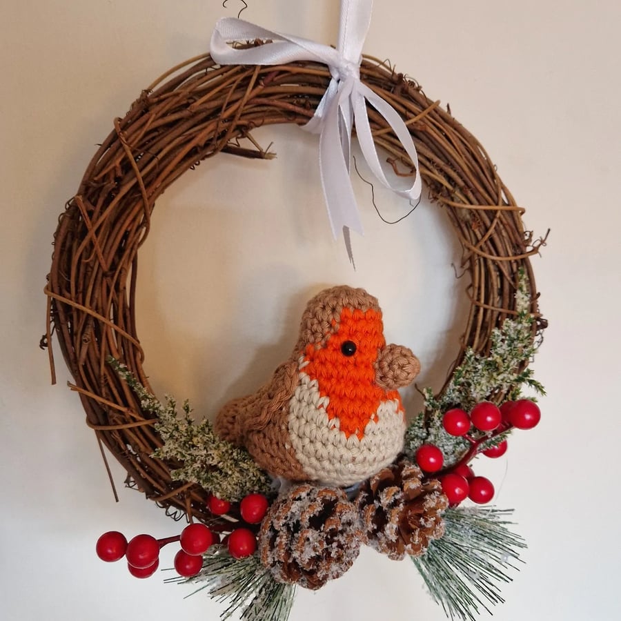 Autumn Crocheted Robin Frosted Wreath