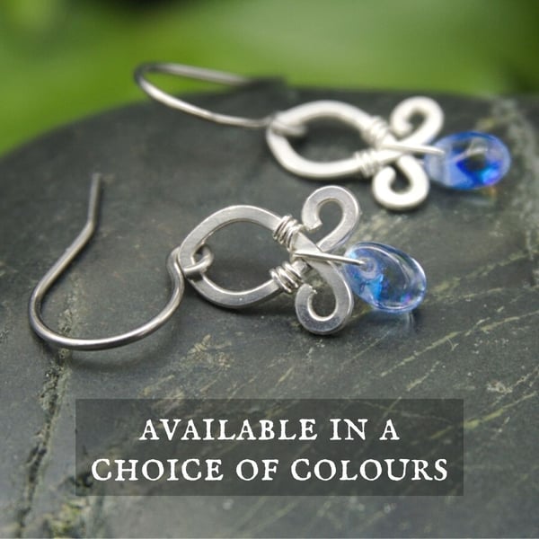 Silver Fleur Earrings - Small Sterling Silver Drop Earrings - Choice of Colours