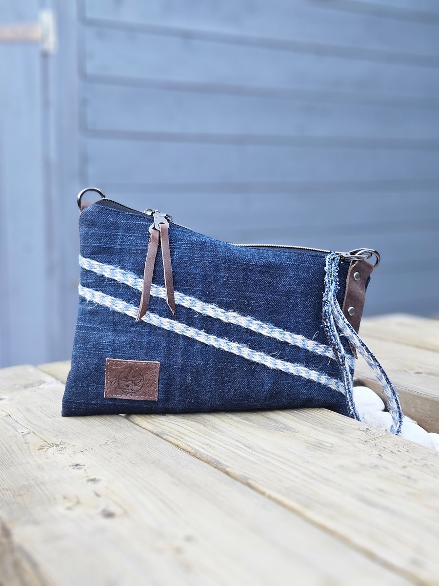 Upcycled Denim Clutch  Handmade Double Zipper Purse, Eco-Friendly Small Bag