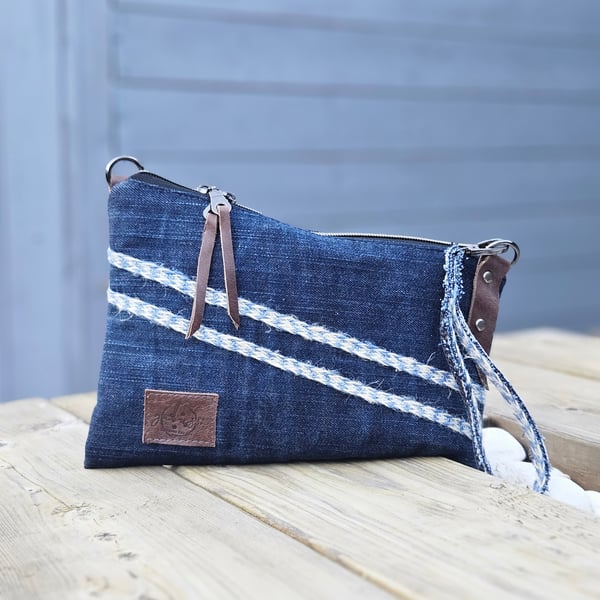 Upcycled Denim Clutch  Handmade Double Zipper Purse, Eco-Friendly Small Bag