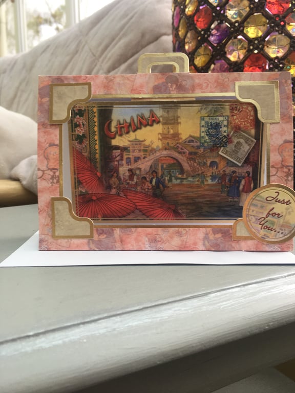 China scene suitcase greetings card.