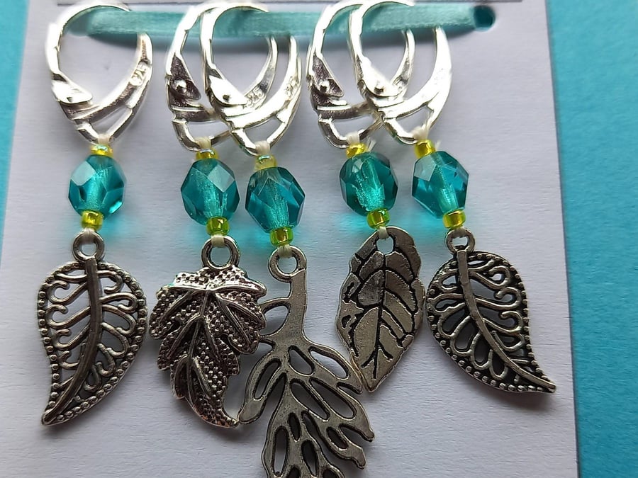 Leaf Charm Stitch Markers, Knitting Crochet Notions, Set of 5