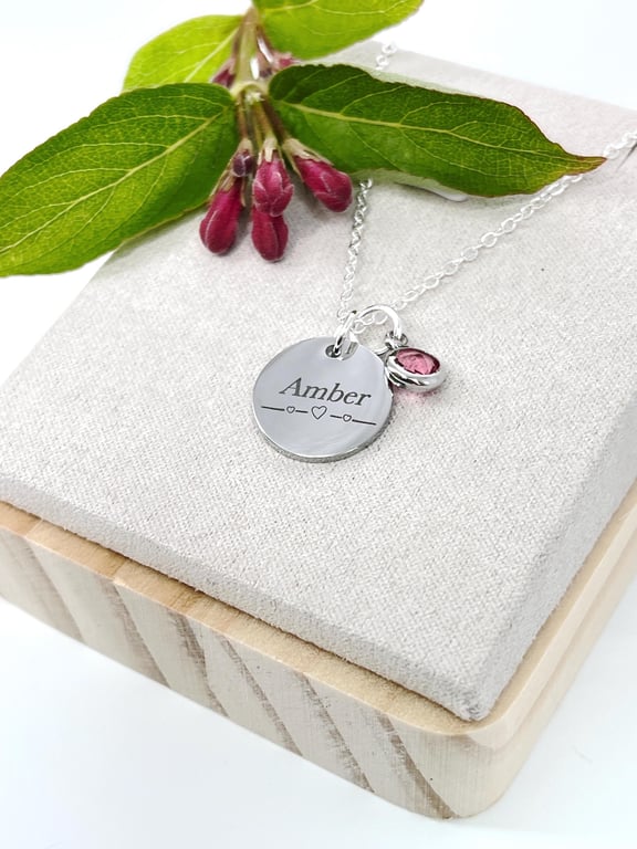 Personalised Silver Name & Birthstone Necklace Jewellery Birthday Christmas Gift