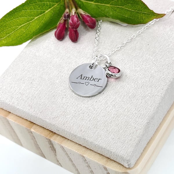 Personalised Silver Name & Birthstone Necklace Jewellery Birthday Christmas Gift