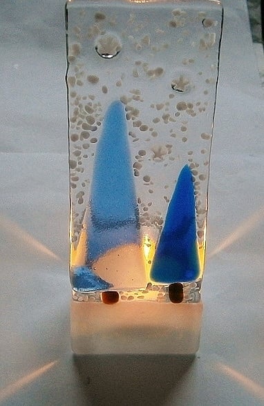 Festive fused glass snowy blue Christmas tree candle holder or tealight holder
