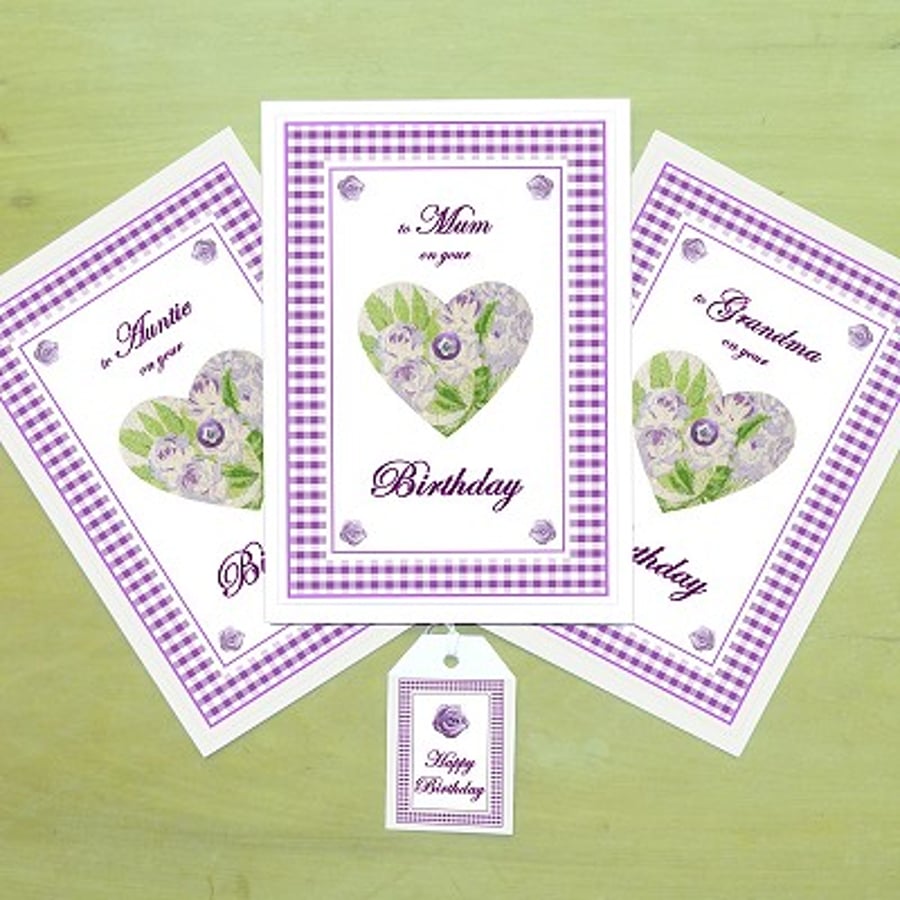  Lavender heart – Birthday card & free gift tag for Mum, Auntie or Grandma