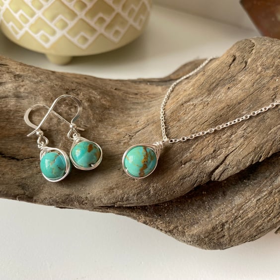Turquoise earrings and necklace set, sterling silver
