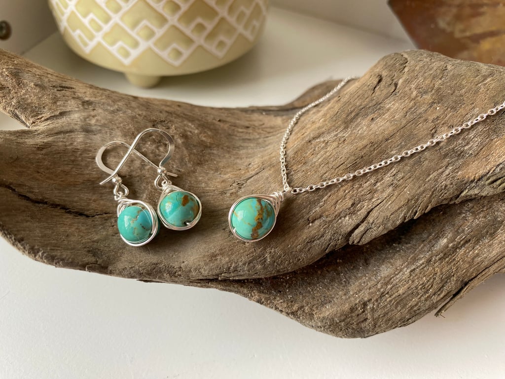 Turquoise earrings and necklace set, sterling silver