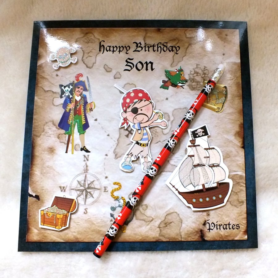 Son's Birthday Handmade Pirate Theme Card plus FREE PIRATE PENCIL