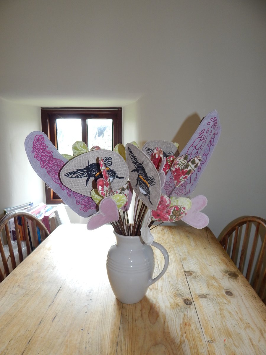 Bee and Foxglove - pink and green hearts on willow stems