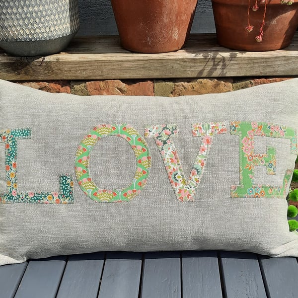 Handmade Love Applique cushion pom pom trim Tilda fabric country home gift