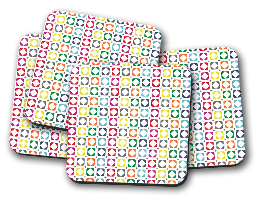 Set of 4 Multicoloured Geometric Design Coasters, Drinks Mat