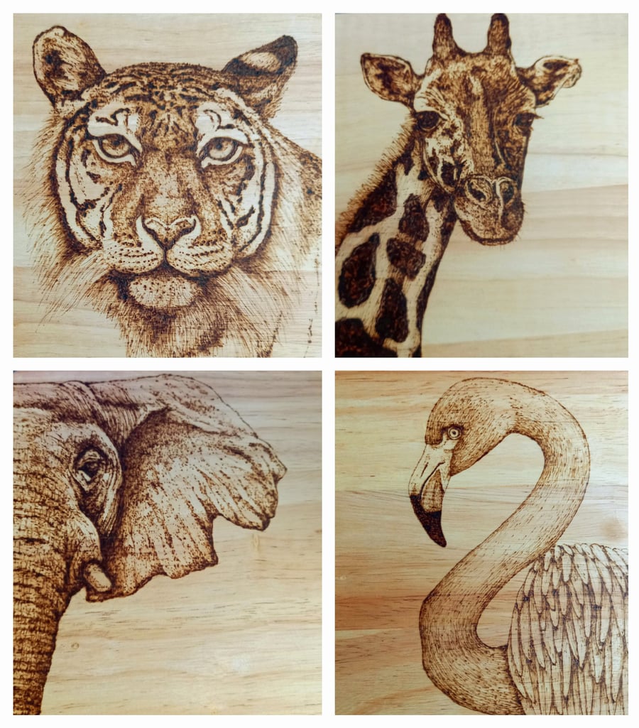 Pyrography wild animal greetings cards x4