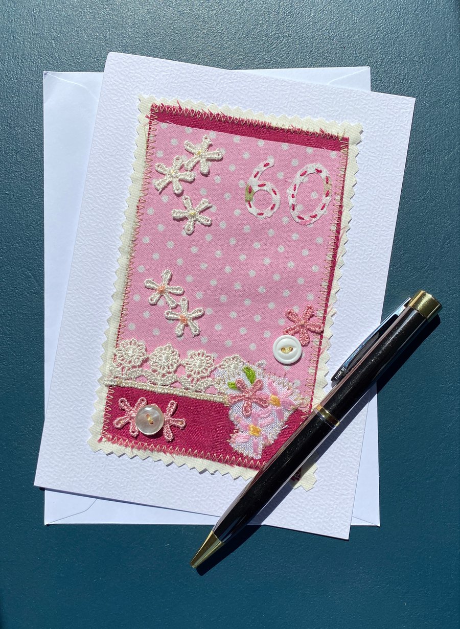 60th birthday card, fabric, free postage 