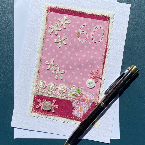 60th birthday card, fabric, free postage 