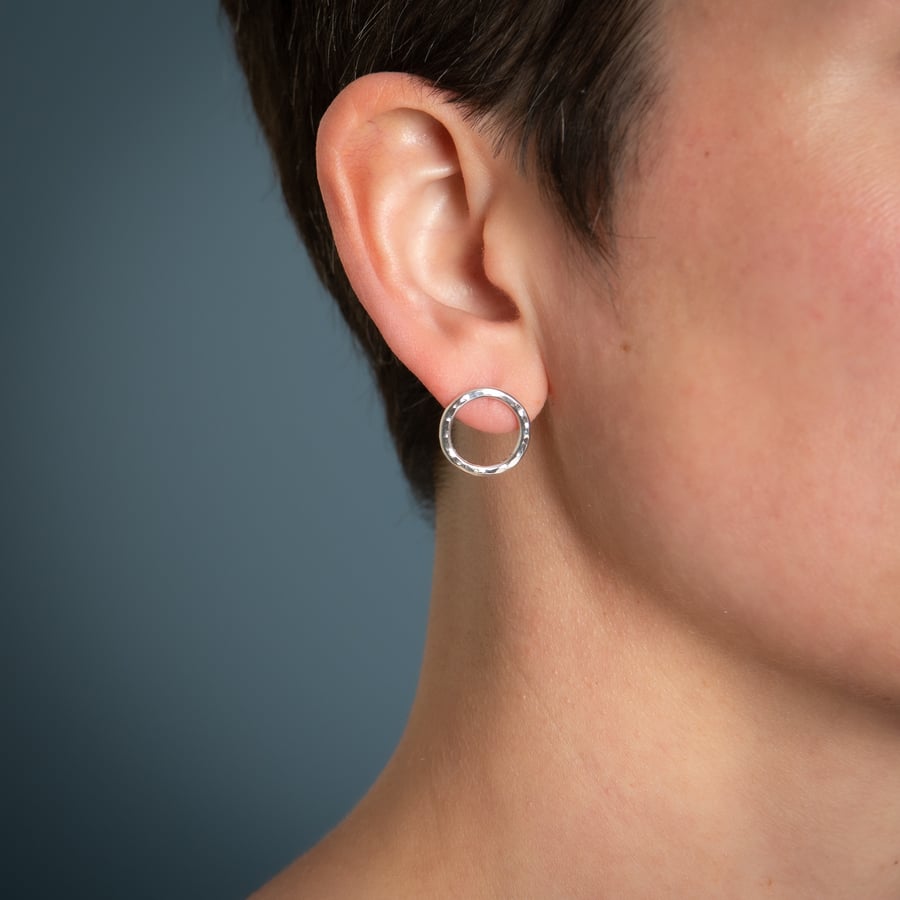 Medium Hammered Circle Studs, Recycled Sterling Silver