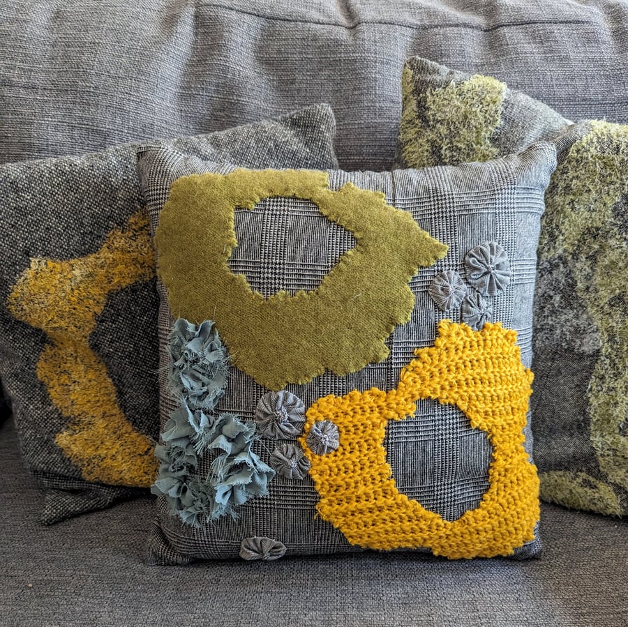 Coastal Dreams Applique Cushion from Recycled Materials with British Wool pads.