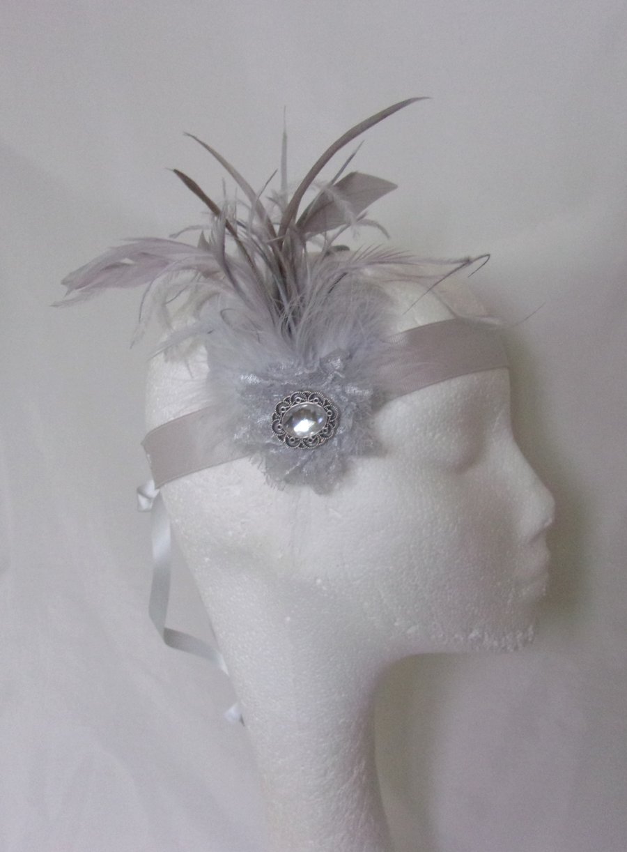 Shades of Grey Feather and Crystal Vintage Art Deco Style Flapper Headband