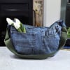 Recycled Denim Jeans Cross Body Dumpling Bag with Olive Green Straps