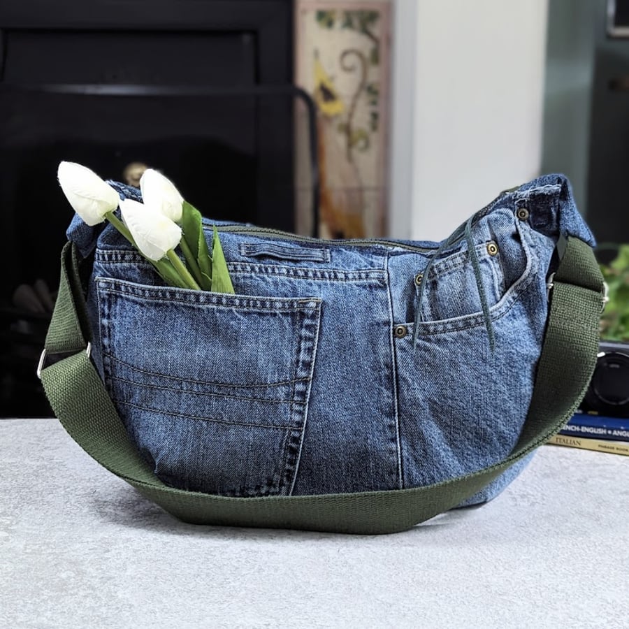 Denim Bag - Denim Jeans Cross Body Sling or Dumpling Bag with Olive Green Straps