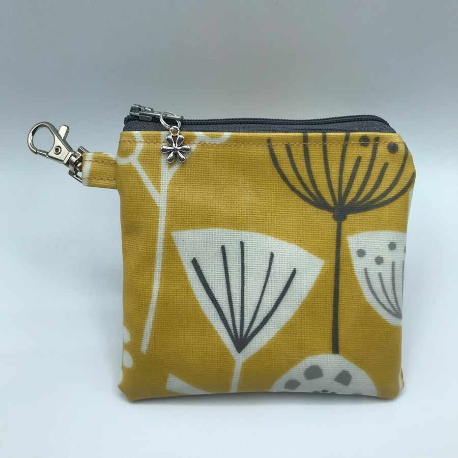 Yellow Floral Oilcloth Coin Purse. Attachable. Zipped Pouch.