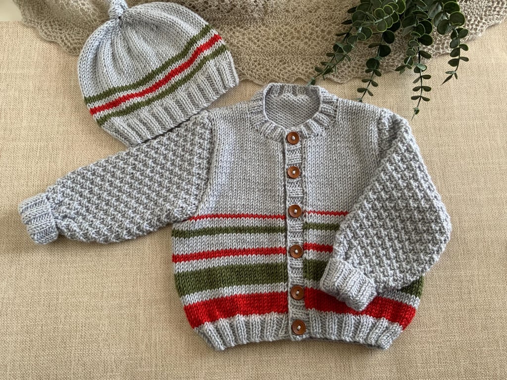 Hand Knitted Baby Cardigan & Hat Set – 6–12 Months Autumn Colours