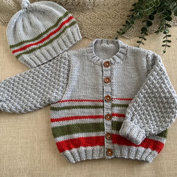 Hand Knitted Baby Cardigan & Hat Set – 6–12 Months Autumn Colours
