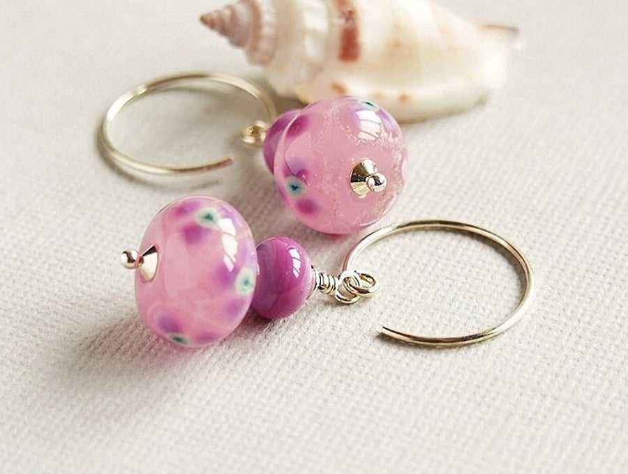Pink Lampwork Glass Bead Earrings, Sterling Silver, Beaded Earrings, Floral 