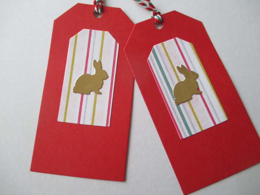 Gift Tag x 2 Bunny Rabbit Christmas Present Gold Green Red White