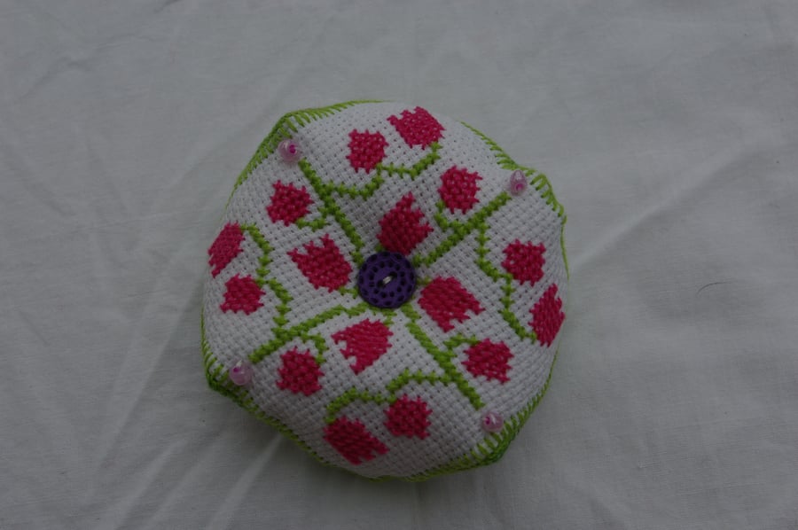 Pin Cushion Biscornu Cross Stitch purple pink and greens