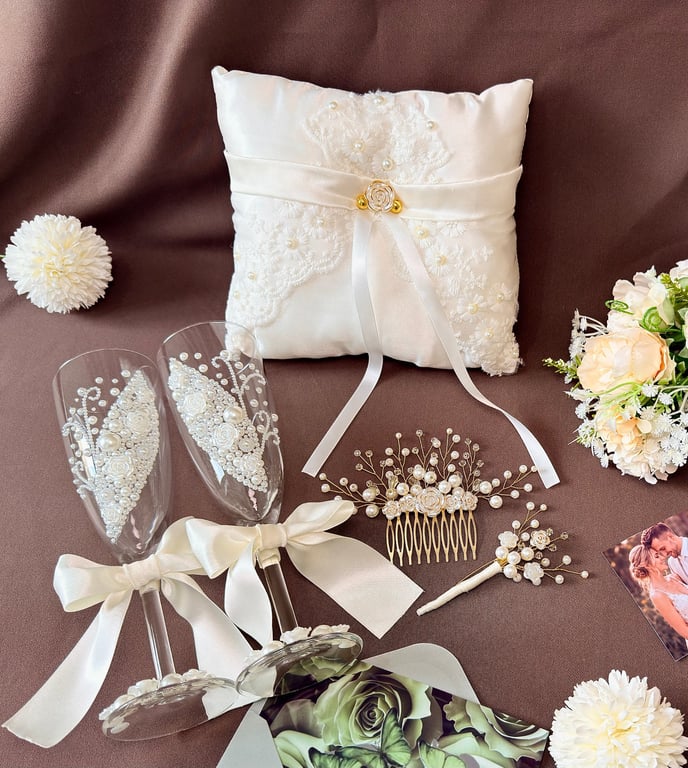 Wedding Essentials Set, Bridal Gift Box, Ring Pillow and Champagne Flutes