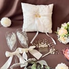 Wedding Essentials Set, Bridal Gift Box, Ring Pillow and Champagne Flutes